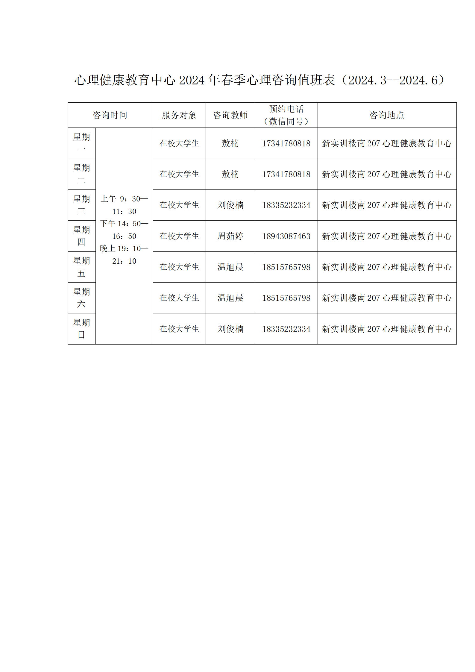 《江西新能源科技职业学院心理健康教育中心2024年春季心理咨询值班表（2024.3--2024.6）.png